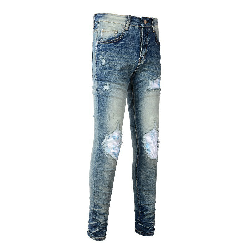 Driprime Streetwear Ripped Patched Retro Skinny Jeans (Men's)