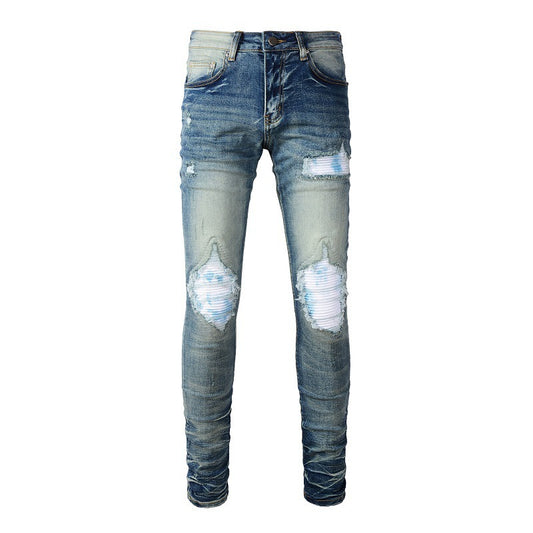 Driprime Streetwear Ripped Patched Retro Skinny Jeans (Men's)