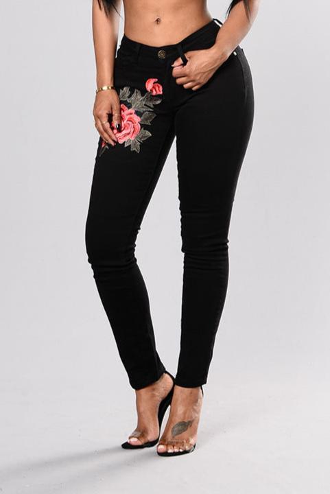 Driprime SnatchWaist TM. Rose Embroidered Black Skinny (Women's)