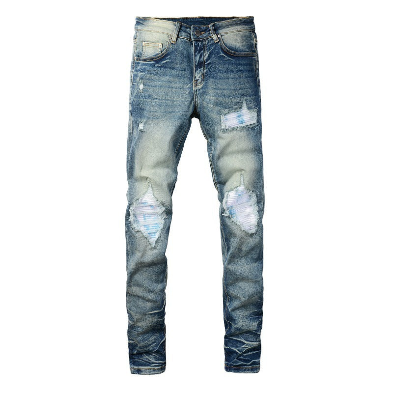 Driprime Streetwear Ripped Patched Retro Skinny Jeans (Men's)