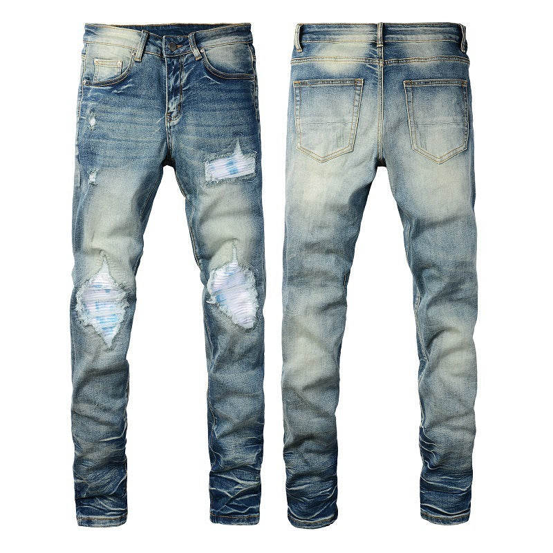 Driprime Streetwear Ripped Patched Retro Skinny Jeans (Men's)